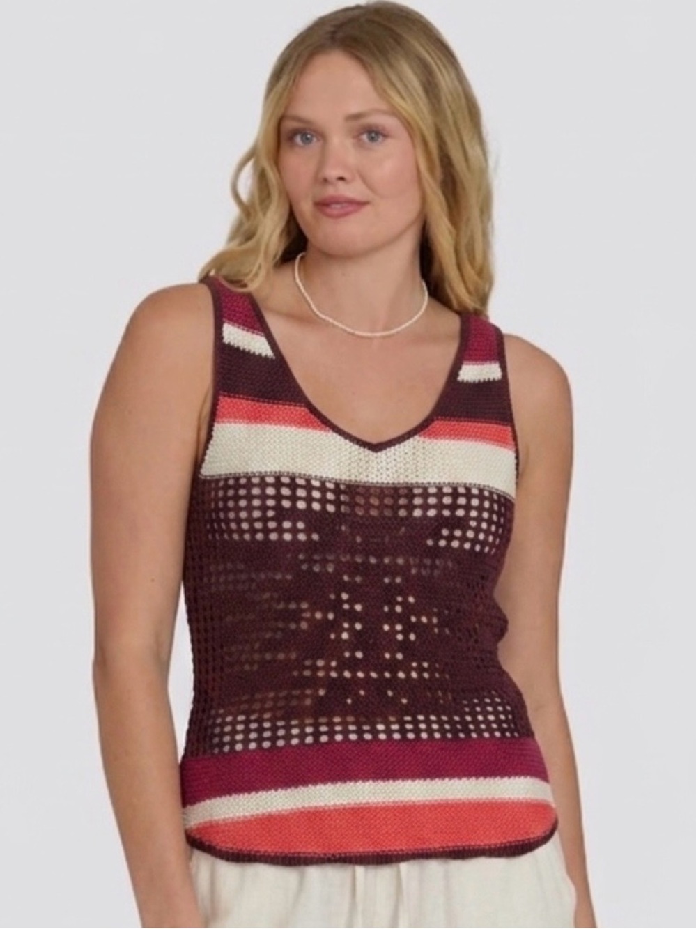 Roxy Striped Crochet Open Knit Racerback Tank Top Womens Size Large V-Neck